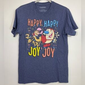 Ren & Stimpy Happy Happy Joy Joy Blue Short Sleeve Shirt Size S